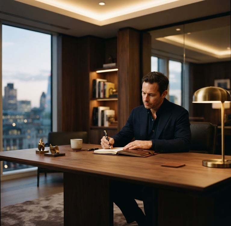 Elegant modern office interior with dark wood and warm architectural lighting, shallow depth of field, 35mm photography