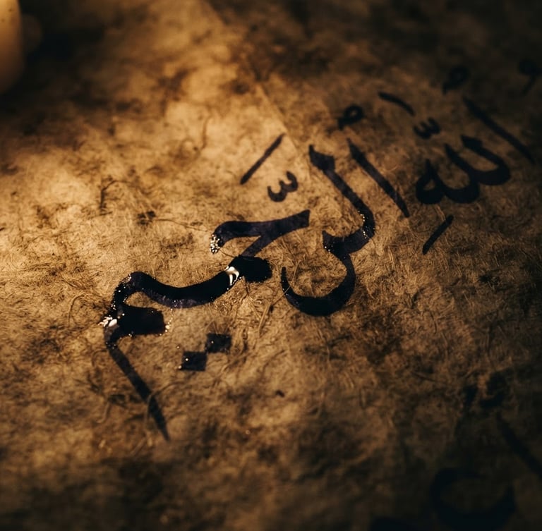Extreme close-up macro shot of ancient Arabic parchment, ink drying slowly on textured paper, low-key warm candlelight, high contrast chiaroscuro, 35mm