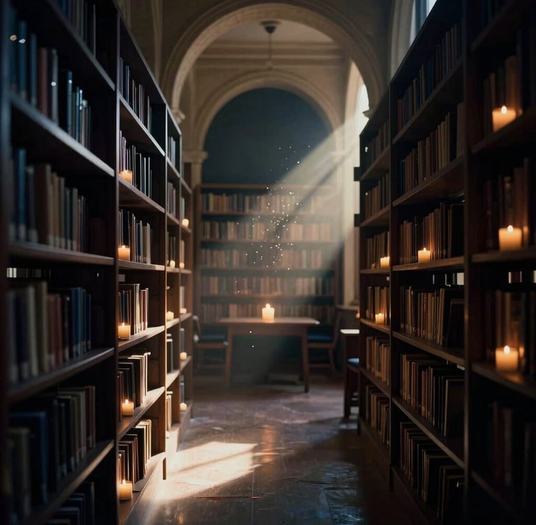 Quiet, empty library sanctuary, soft light filtering through architectural arches, dust motes dancing in golden hour sunbeams, moody editorial photography, 35mm