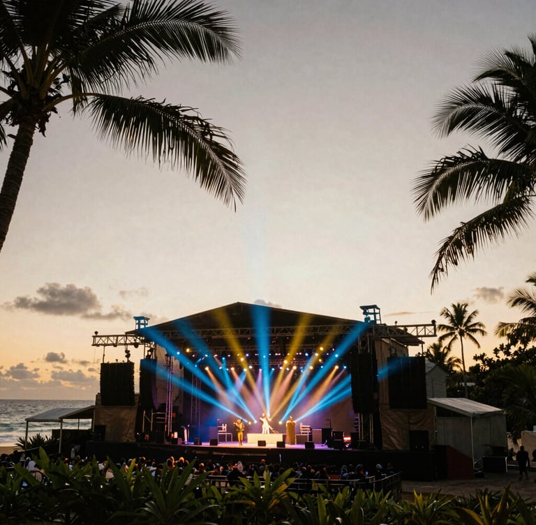 Dramatic wide-angle outdoor concert stage at dusk in the Seychelles, professional blue and gold lighting beams cutting through tropical air, palm silhouettes on the margins, medium format film style