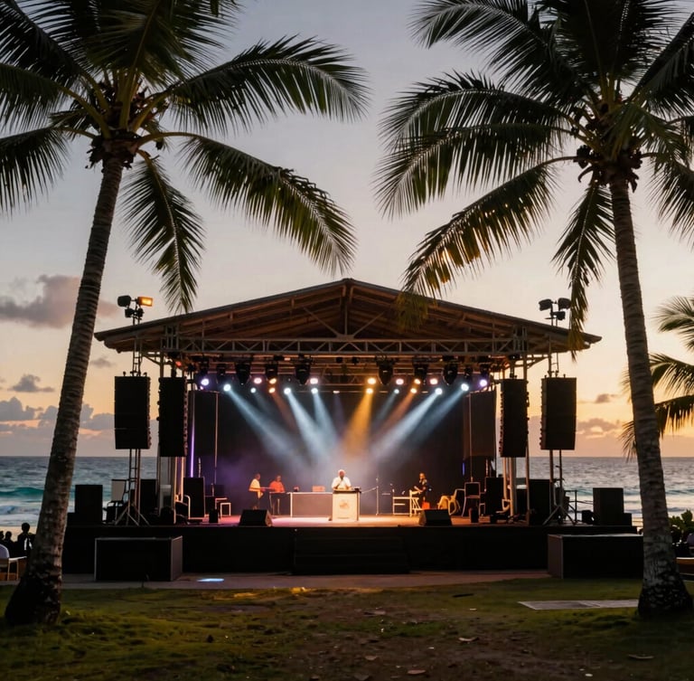 Dramatic outdoor concert stage at dusk in Seychelles, professional lighting beams cutting through palm trees, rich saturated ocean tones.