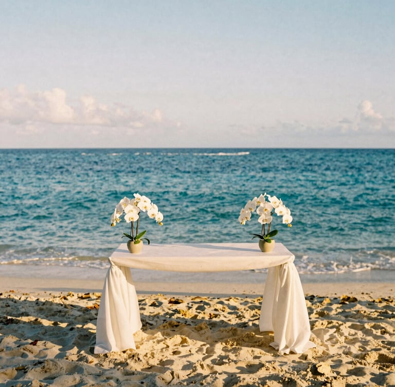 Wide environmental shot of a luxury beach wedding altar on Anse Source d'Argent, white orchids, warm golden-hour light, medium format film.