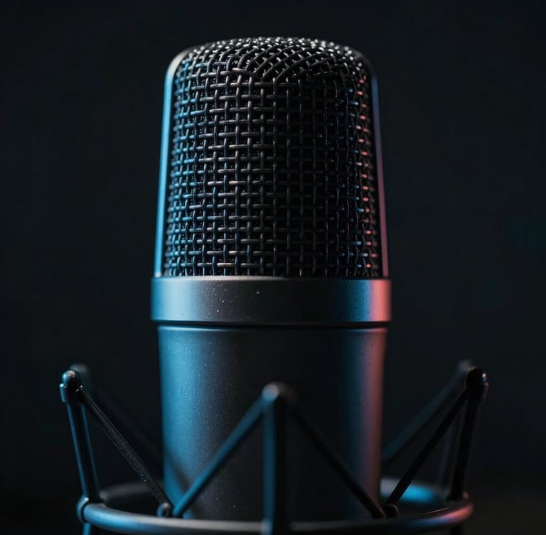 Macro close-up of a high-end professional studio microphone, moody high-contrast lighting, deep obsidian tones with sharp electric blue rim lights, cinematic 35mm