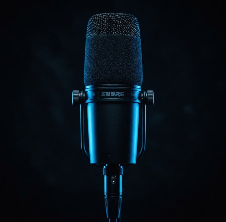 High-contrast macro shot of a professional studio microphone, deep obsidian background, sharp electric blue rim lighting, cinematic 35mm