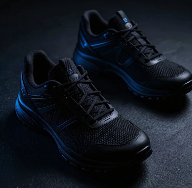 Close-up of premium black athletic gear on a dark textured surface, dramatic high-contrast studio lighting, electric blue highlights, cinematic 35mm