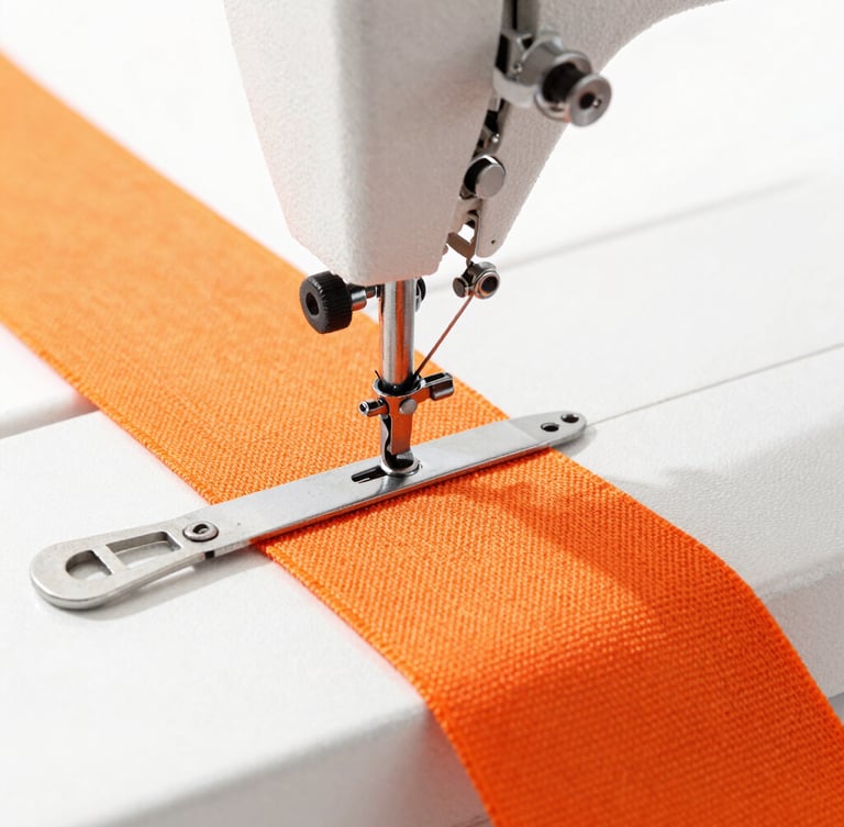 Close-up of industrial sewing machine stitching heavy-duty orange webbing, bright high-key daylight, metal buckles nearby, sharp focus