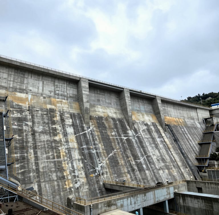 Dramatic wide-angle industrial photography of a massive concrete hydroelectric dam under a high-contrast overcast sky, 35mm lens.