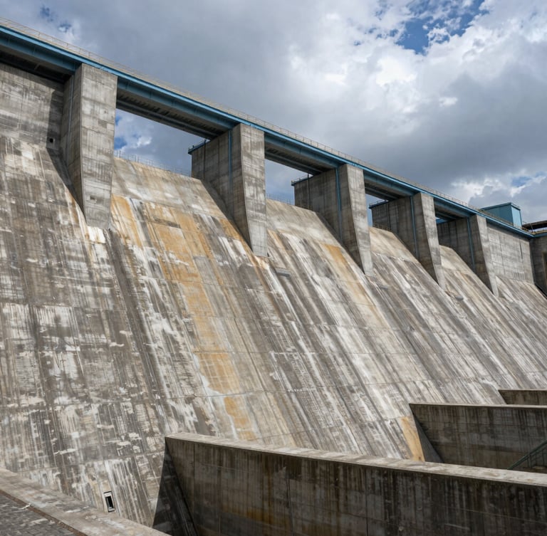 Extreme wide-angle dramatic industrial photography of a massive hydroelectric dam spillway, raw concrete textures under dramatic overcast daylight, steel blue tones, 35mm lens.