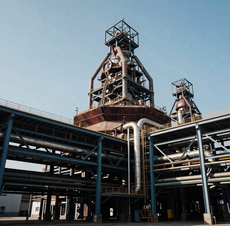 Wide-angle architectural view of a massive modern industrial complex with exposed steel geometry and pipes, high-contrast daylight, steel blue tones, 35mm