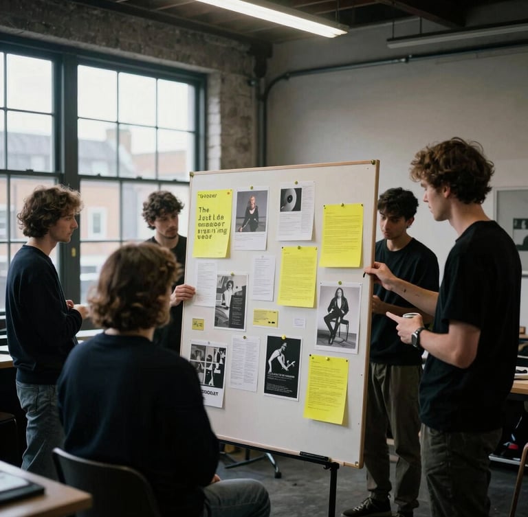 Candid unposed team session in a gritty Poplar warehouse studio, collaborative creative work around a physical mood board, moody natural light.