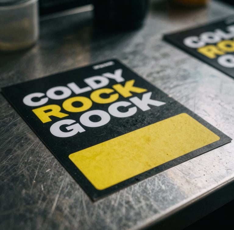 Close-up macro shot of physical campaign collateral on a steel worktable, moody natural light, high-contrast shadows.