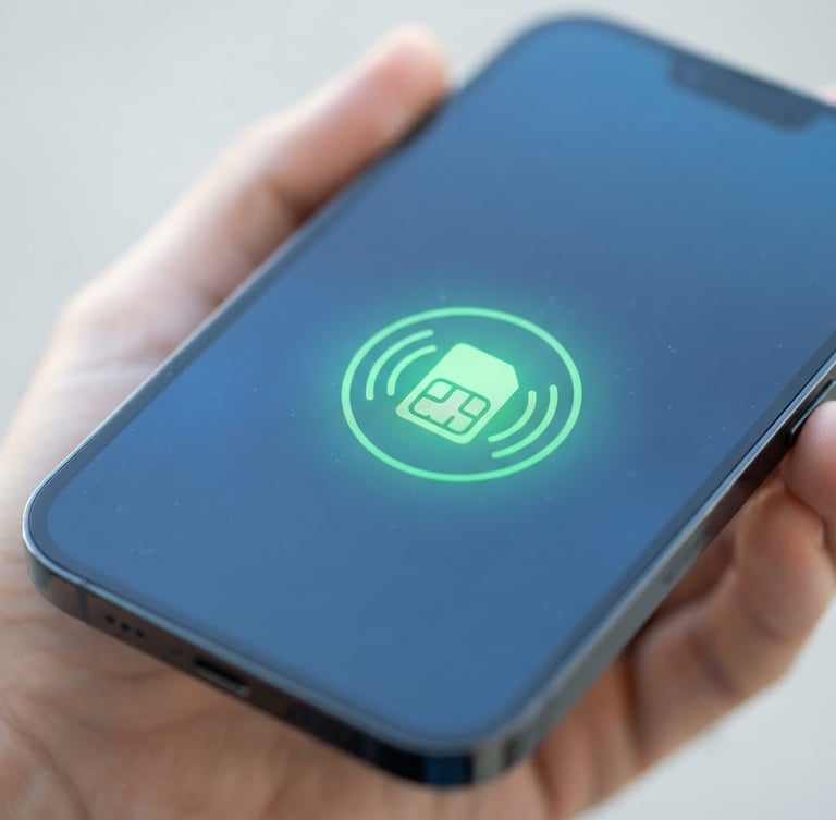 Macro shot of a modern smartphone displaying a clean eSIM activation screen, bright natural daylight, electric green accent glow, sharp focus