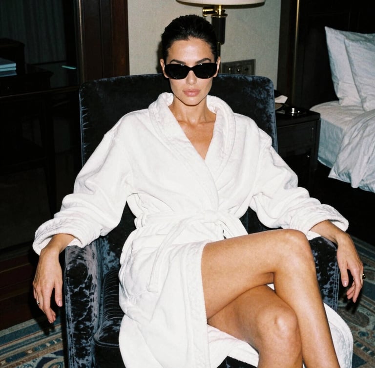 A chic girl in a luxury hotel suite wearing a white robe and black sunglasses, sitting down on a plush velvet chair showing her long legs, high-contrast flash, vibrant luxury editorial photography, 35mm film grain.