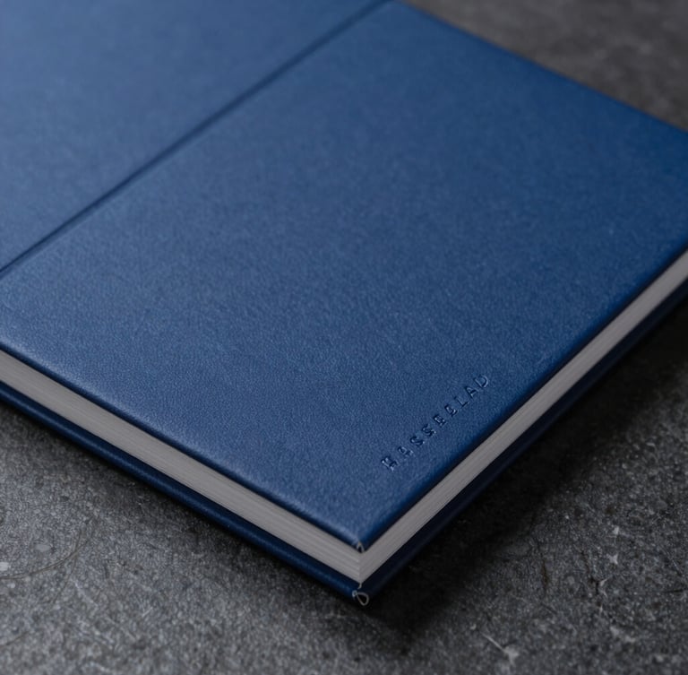 Macro close-up of a high-end physical brand book on a dark stone desk, crisp studio lighting, deep cobalt accents, sharp focus, Hasselblad medium format