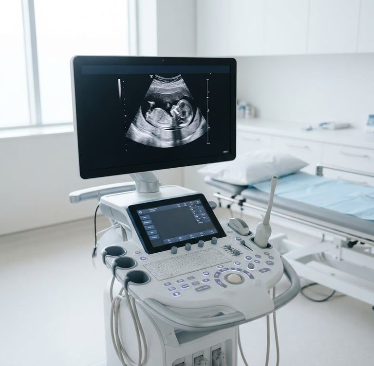 Clean clinical photography, bright diffused natural daylight, a modern high-resolution ultrasound system interface in a pristine white examination room, sharp focus, 35mm