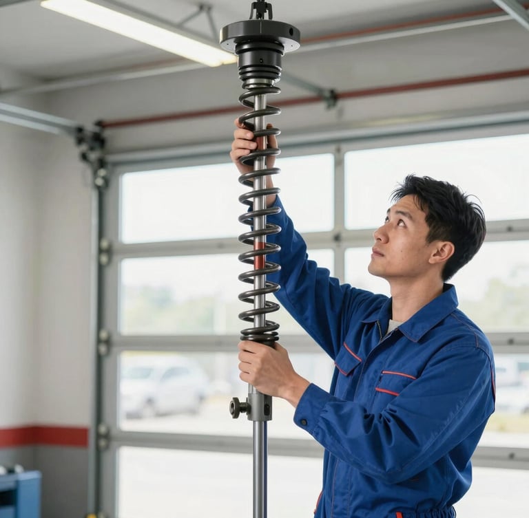 Medium shot of a professional technician in a clean uniform adjusting a garage door torsion spring, bright garage interior lighting, sharp focus, 35mm lens.