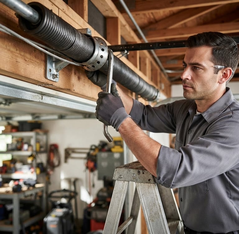 Professional technician in clean uniform calibrating a garage door spring, close-up shot showing mechanical precision, bright natural daylight, high-contrast industrial tones.