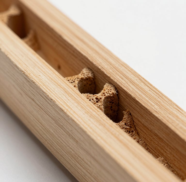 Extreme macro photograph of clean, dry-wood termite galleries inside premium structural timber, clinical studio white background, sharp scientific focus.