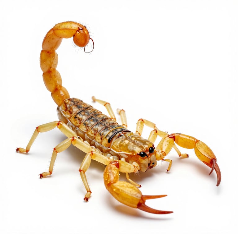 Extreme macro-photography of a yellow scorpion isolated on a clean, clinical white background, sharp focus on the stinger, bright studio lighting, scientific catalog style.