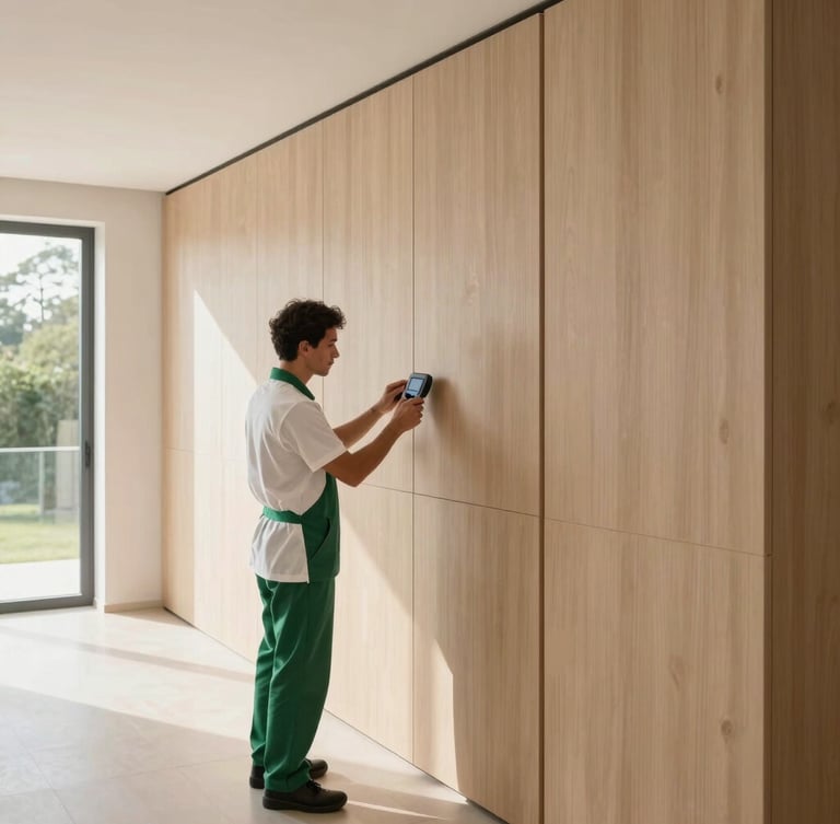 Wide architectural angle of a bright, high-end residential interior in Caminho das Árvores, soft morning daylight, a professional technician in a minimalist white and forest green uniform inspecting a clean wooden panel with a precise digital device, absolute order and cleanliness, soft shadows.