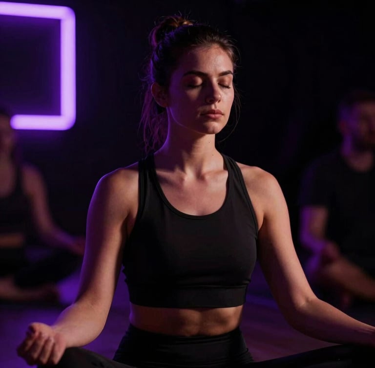 Close-up of intense meditation in a dark room, dramatic high-contrast lighting, violet neon accents, shallow depth of field, 35mm cinematic editorial photography.