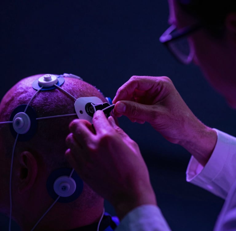 Close-up of a neuroscientist adjusting biometric sensors on a subject, deep rich shadows, vibrant neon violet accents, shallow depth of field, 35mm