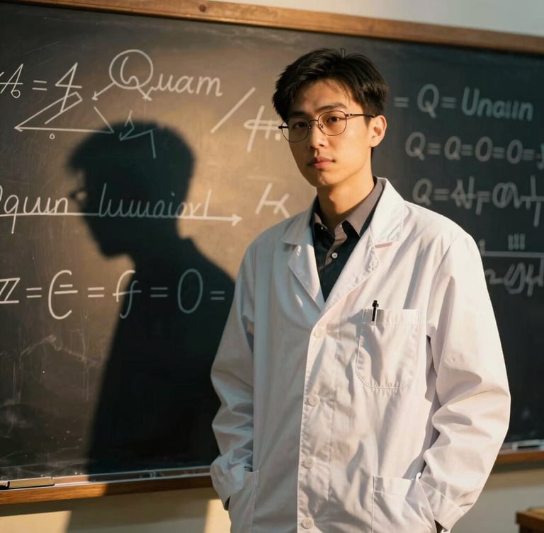 A physicist standing in front of a chalkboard with quantum equations, warm golden hour flare, deep rich shadows, cinematic editorial, 35mm