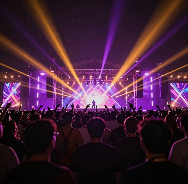 Cinematic editorial photography of a high-production festival stage with vibrant neon violet and amber laser lights, deep rich shadows, crowd in deep connection, 35mm