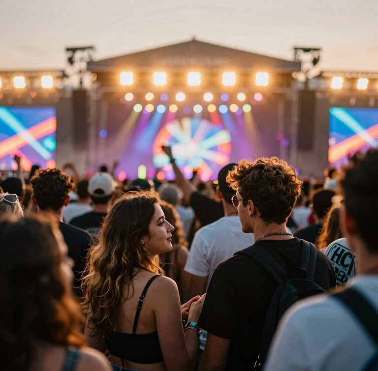 Dynamic crowd shot of deep connection at a festival, golden hour flares, vibrant stage neon lights, shallow depth of field, 35mm cinematic editorial photography.