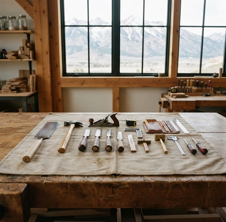 Straight-on architectural shot of a clean, organized workspace with tools laid out neatly on a protective canvas sheet, bright natural mountain daylight.