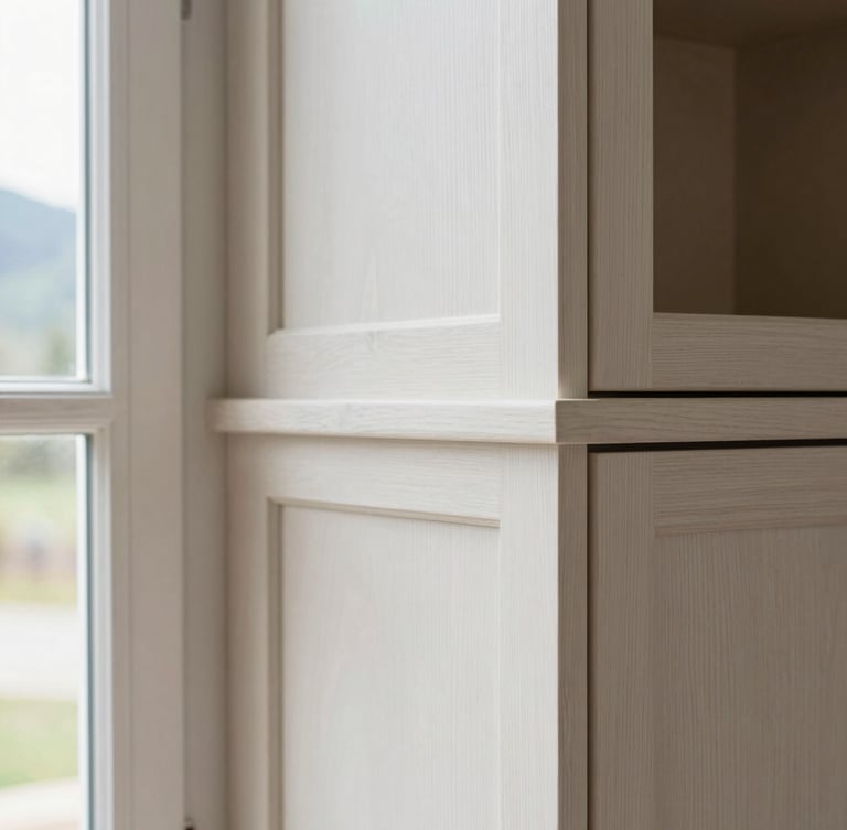 Detail shot of clean craftsman-level trim and tight joinery on a custom timber-frame built-in cabinet, soft side-lighting from a nearby window.