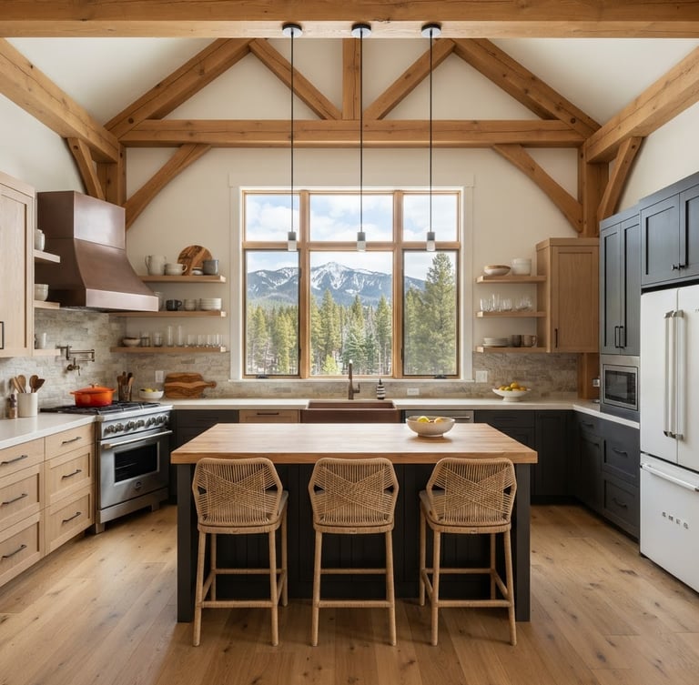 Straight-on architectural shot of a modern-alpine kitchen remodel in Missoula, clean timber-frame details, natural mountain daylight, sharp focus, 35mm lens