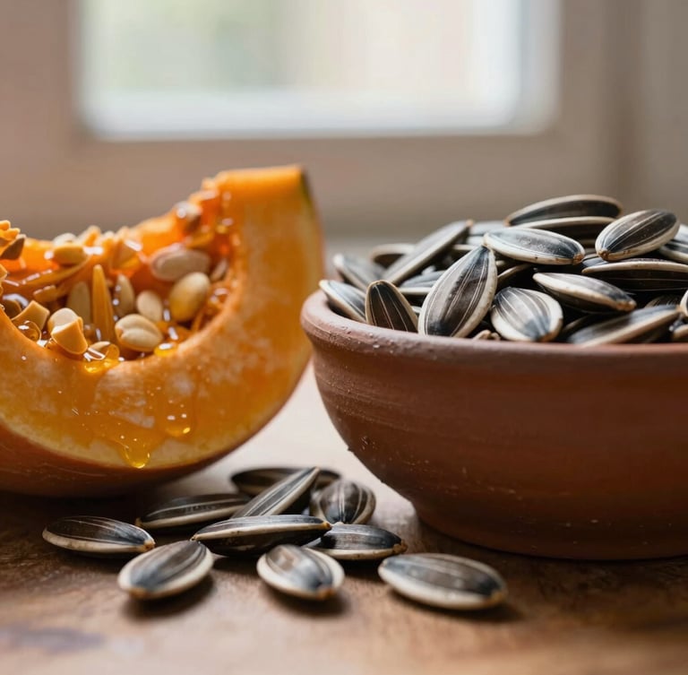 Macro close-up of raw oil-rich pumpkin and sunflower seeds spilling from a textured clay bowl, warm morning window light, soft shadows, 35mm photography
