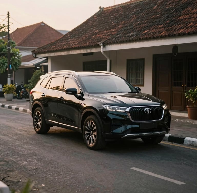 A pristine black modern luxury SUV parked on a quiet, clean heritage street in Yogyakarta during golden hour, soft warm light, 35mm film aesthetic, elegant composition