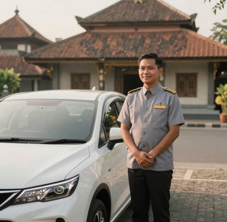 A professional, warm Indonesian driver-guide in a neat uniform standing politely beside a pristine modern premium car, soft natural daylight, elegant heritage backdrop of Yogyakarta, editorial travel style