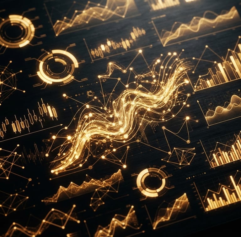 Macro shot of a sleek dark digital interface with glowing gold data charts, high-contrast studio lighting, 35mm