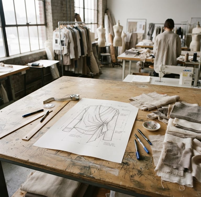 Wide shot of a fashion design studio, a technical sketch of a garment laid out on a large drafting table, surrounded by fabric swatches and measuring tools, soft diffused natural studio light, minimalist fashion photography, high-detail texture.