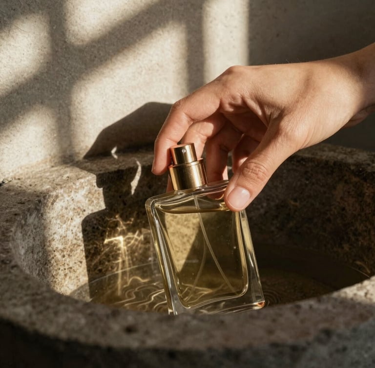 Extreme close-up of a hand gently placing a heavy glass perfume bottle into a dark, cool stone cellar, soft light filtering from above, casting architectural shadows, warm editorial photography.