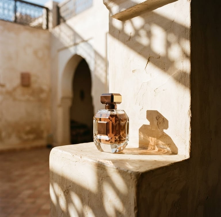 Heavy glass perfume bottle casting long, geometric shadows on a sun-drenched minimalist Moroccan plaster wall, warm afternoon sunlight, high-contrast architectural shadows, ivory and bronze tones, medium format film, empty courtyard, wide cinematic frame.
