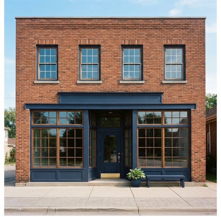 Straight-on architectural facade of a brick storefront on Prospect Road in Peoria Heights, bright natural Midwestern daylight, clean navy accents, sharp focus, 35mm photography