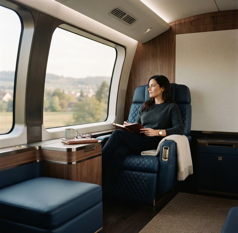 Sleek private transit cabin interior, soft warm natural window light, deep navy leather seating, minimalist luxury details, 35mm photography