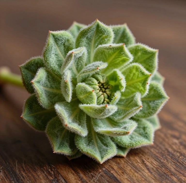 Close-up detail of rich, trichome-heavy green flower resting on a dark walnut wood surface, soft natural afternoon light.