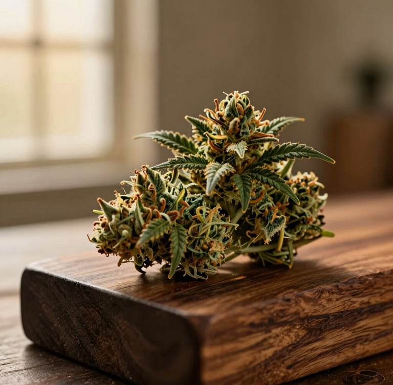 Close-up of a premium, rich green cannabis bud resting on a dark walnut wood block, soft directional afternoon light from a side window, warm gold tones, elegant editorial style.