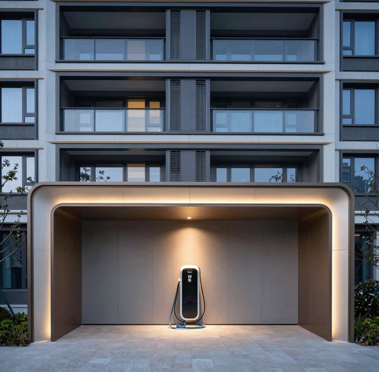 Straight-on architectural shot of a modern luxury condominium facade at dusk, clean lines, subtle technical lighting, dedicated EV charging bay visible with neat cable trays.