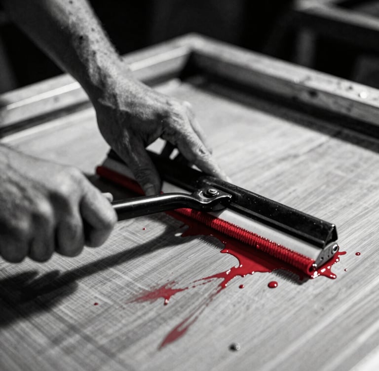 Extreme close-up of hands pulling a squeegee with thick red ink across a silkscreen mesh, paint splatters, high contrast, dramatic lighting