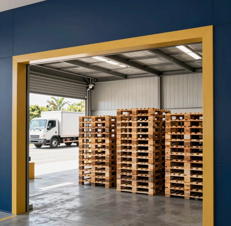 Wide shot of a modern, well-organized warehouse interior in Santo Domingo, pallets stacked high, a clean delivery truck visible through a loading bay, bright natural daylight, architectural framing, clean navy and gold accents.
