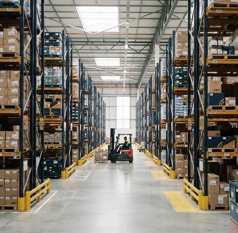 Wide shot of a modern, well-lit logistics warehouse interior with high shelves, organized inventory, and a forklift in the distance, professional corporate photography, bright natural daylight, clean navy and gold accents, sharp focus, architectural framing, 35mm