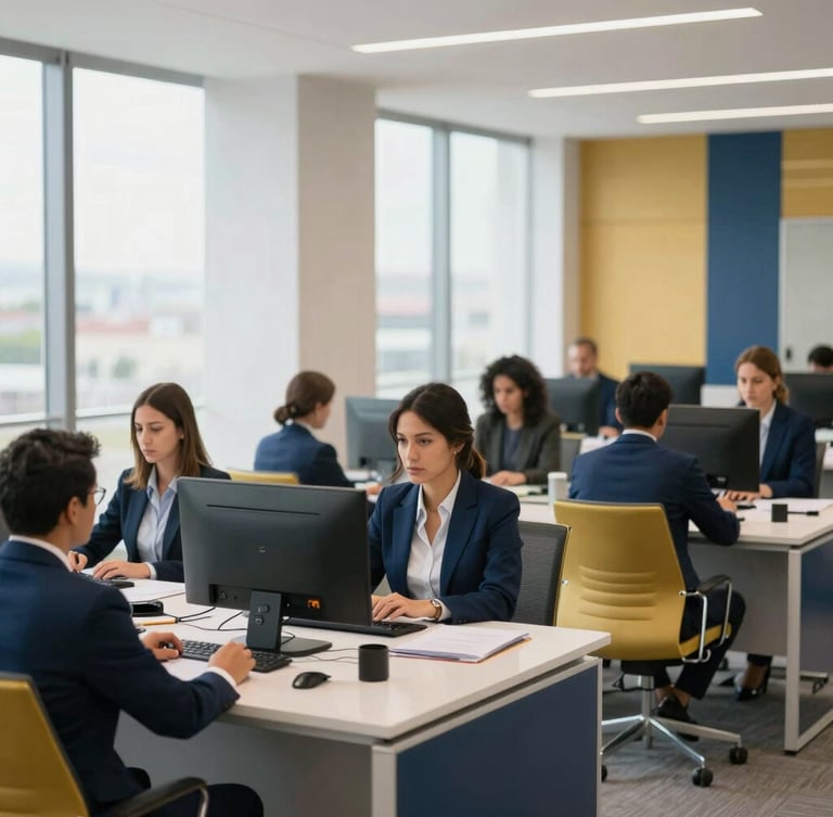 Profesionales colaborando en una oficina moderna y luminosa en Santo Domingo, con acentos corporativos de azul y dorado, luz natural, encuadre arquitectónico.