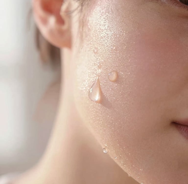 Dewy skin texture close-up, soft morning sunlight illuminating natural pores and a single water droplet, pastel pink undertones.