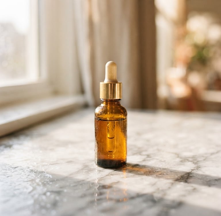 Close-up of a minimalist glass dropper bottle resting on a wet marble surface, soft morning window light creating gentle shadows, warm gold tones.